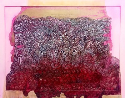 Abstract image with pen and ink and cerise wash cascading out of the frame
